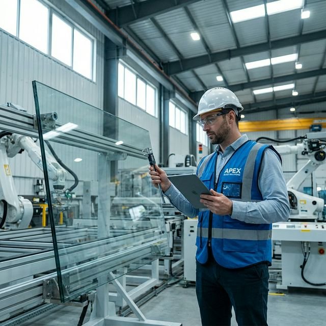 Engineer inspecting glass quality